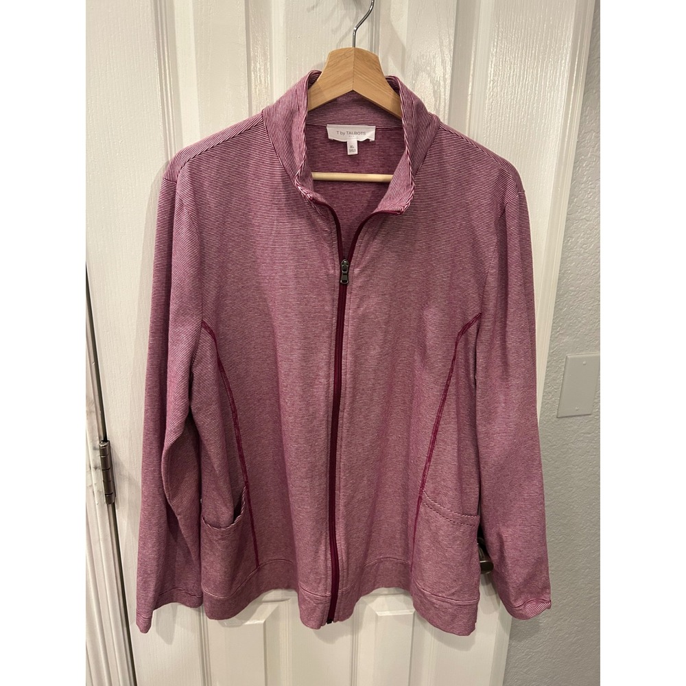 T by Talbots Full Zip Jacket Pink Striped Mock Neck Activewear Sweatshirt XL